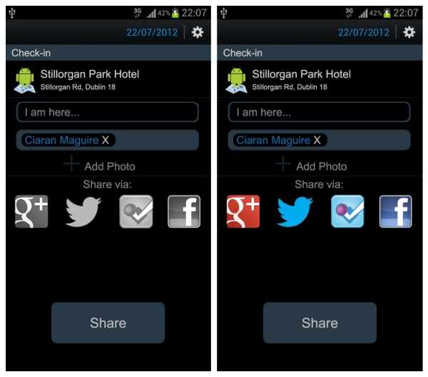 screenshots of android check-in concept sharing across multiple networks
